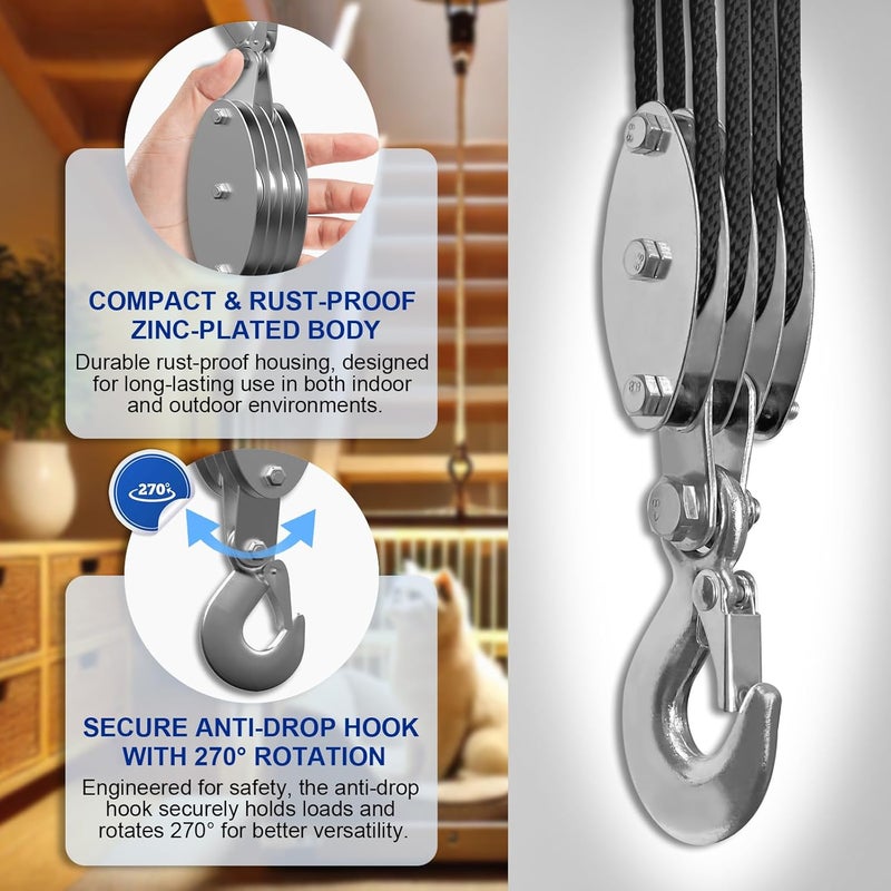 SALIFTFE Block and Tackle Pulley System, Upgraded 4-Wheel Rope Pulley Hoist, 8:1 Lifting Power, 2200LB Work Load with 65Ft of 1/4" Rope, Ultra-Compact Rope Hoist for Garage, Hunting, and Heavy Lifting - Image 4
